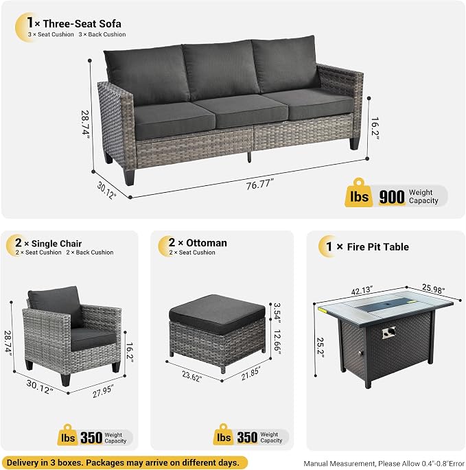 ovios Patio Furniture Set, 6 Pieces Outdoor Wicker Sofa Couch with Fire Pit Table, Ottomans and Comfy Cushions, All Weather High Back Rattan Conversation Set, Black