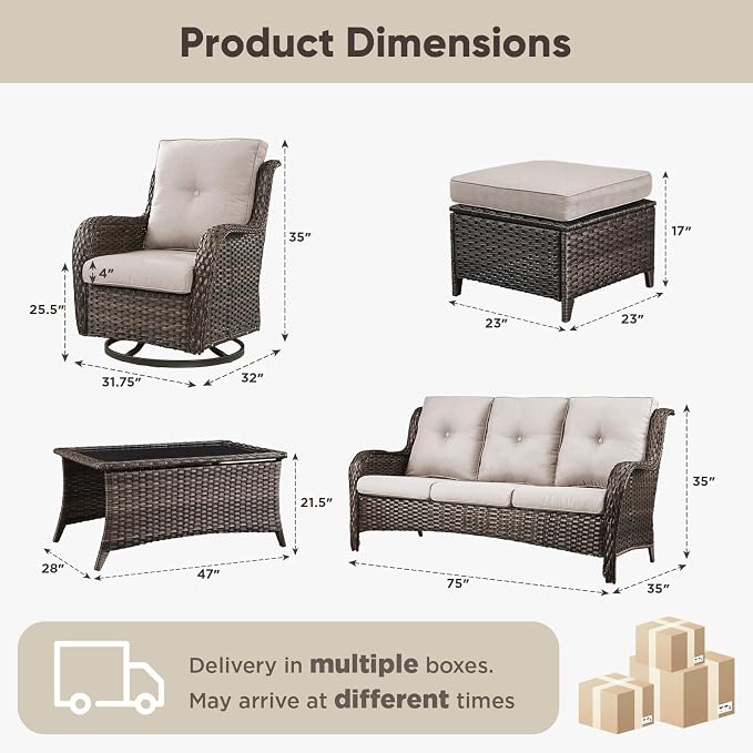 Belord Wicker Outdoor Furniture Patio Furniture Set - 6 Piece Patio Conversation Set with Swivel Rocker Chairs, Rattan Sofa, Ottomans and Coffee Table, Beige Cushion