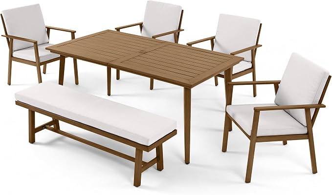 6-Person Outdoor Table Set with Chairs & Bench, 6-Piece Outdoor Rectangular Dining Table with Umbrella Hole, Rust-Resistant Faux Wood Grain Patio Table Set for Garden Backyard Poolside, Teak