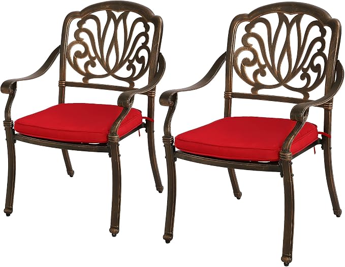 Grepatio 2 Piece Outdoor Cast Aluminum Dining Chairs, Patio Bistro Chair Set of 2, Modern Patterned Back Metal Chairs with Cushion, Antique Bronze (Red)