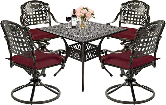 MEETWARM 5-Piece Outdoor Patio Dining Set, All-Weather Cast Aluminum Patio Conversation Set with 4 Cushions Swivel Rocker Chairs for Backyard Garden Deck and 35.4" Square Table, Chili Red