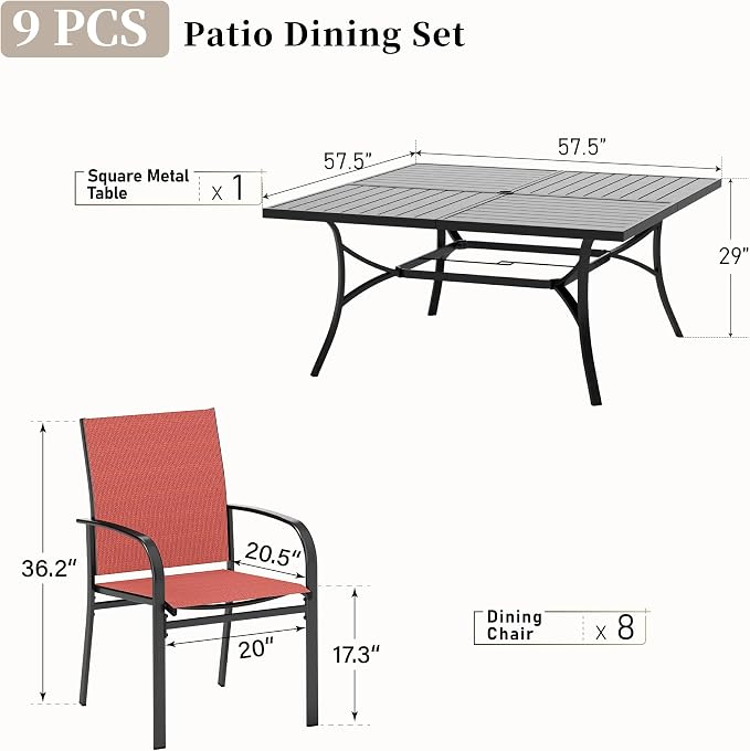 SUNSHINE VALLEY Patio Dining Set for 8, 57.5" x 57.5" Square Metal Table with Umbrella Hole, 8 x Stable Dining Chairs, Outdoor Table and Chairs Set for Lawn Backyard and Deck, Red