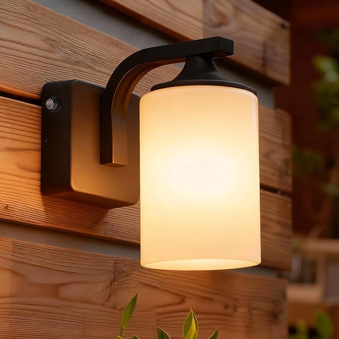 Dusk to Dawn Outdoor Wall Light Sconce, Waterproof Aluminum Porch Light Exterior Fixture with Milk Glass Shade for Patio, Yard, Garden House, Outside, Matte Black