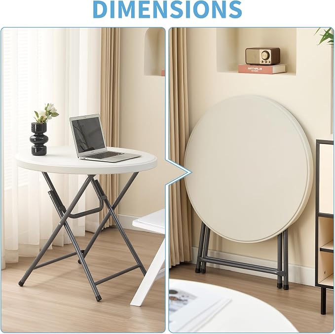 KAIHAOWIN Plastic Folding Table-31.5" Small Round Table with Foldable Legs Portable Table for Dining Party Camping Indoor Outdoor Use-White