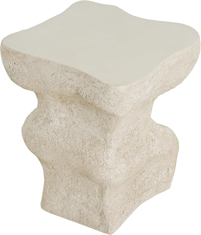 Outdoor Side Table, Modern Organic MGO Accent End Table for Patio, Living Room, Beige Tone Organic Textured Stone-Look
