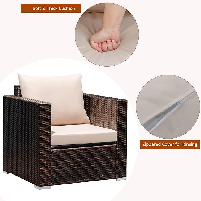 Patio Conversation Set Outdoor, 3-Piece Rattan Wicker Furniture Set with Water-Resistant Cushion & Tempered Glass Tabletop, Patio Furniture Set for Balcony, Porch, Poolside(Beige)