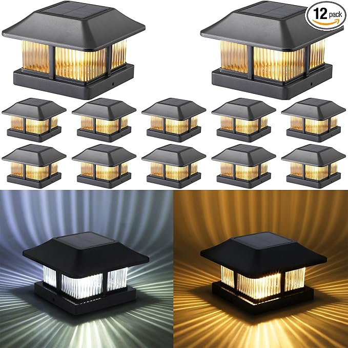 Dynaming 4x4 Solar Post Cap Lights Outdoor with 2 Color Modes, Fence Post Solar Lights Black Shell Brightness SMD LED Lantern Lamps Waterproof for Garden Deck Patio, Fit Wooden/Vinyl Posts, 12 Pack