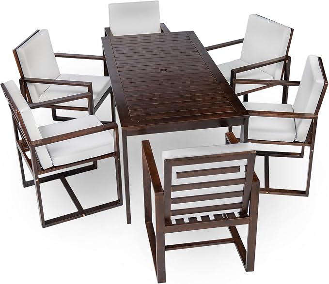 VilroCaz Patio Dining Set Outdoor Dining Table and Chair Set, Acacia Wood All Weather 7 Pieces Dining Gathering Set with Removable Cushions for Patio, Backyard, Garden