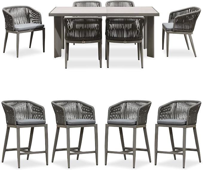 PURPLE LEAF 7 Pieces Outdoor Dining Set Patio Table and Chairs Set for 6 Aluminum Wicker Rattan Patio Furniture Set for Lawn Garden Porch Grey with Counter Stools