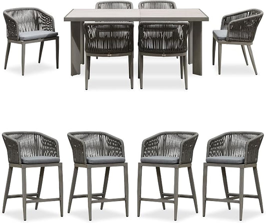 PURPLE LEAF 7 Pieces Outdoor Dining Set Patio Table and Chairs Set for 6 Aluminum Wicker Rattan Patio Furniture Set for Lawn Garden Porch Grey with Counter Stools