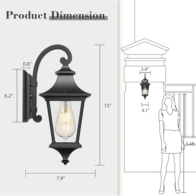 Emliviar 15 Inch Outdoor Wall Lantern, Modern Outside Front Door Lights, Black Finish with Clear Glass, XE292B BK