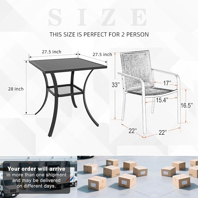 Anmutig Small Metal Square Patio Dining Set with Outdoor 27.5 Inch Table and 2 Stackable Beige Chairs - 3 Piece
