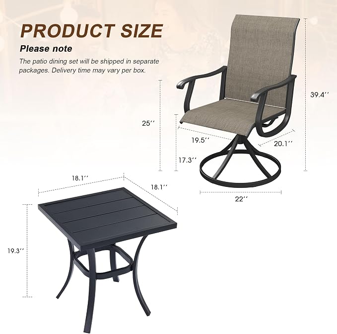 VICLLAX Patio 3 Pieces Outdoor Bistro Side Table Dining Set, Small Patio End Table Square Coffee Table and 2 Swivel Textilene Chairs for Lawn,Garden,Porch,Black/Brown