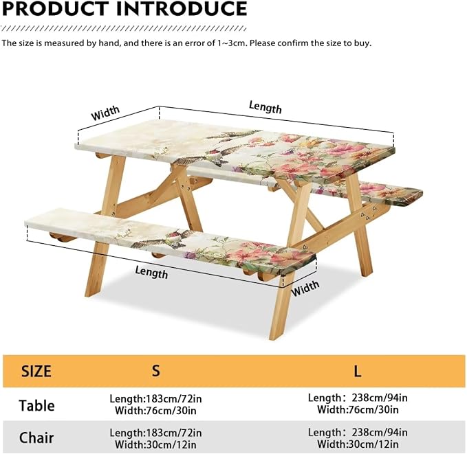 Hummingbird Picnic Table Cover with Bench Covers Elastic Fitted Water Resistant Windproof Tablecloth with Storage Bag - 72x30 Inches 3Pcs Set Patio Table Cover for Outdoor Camping Garden