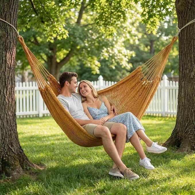 WjrnlfdHammock 79 * 59in550lbs 2Person Cotton Rope Outdoor Camping Backyard | 550lbs double hammock, handwoven cotton rope, breathable mesh, easy setup, perfect for backyard, camping & beach. 3 colors!