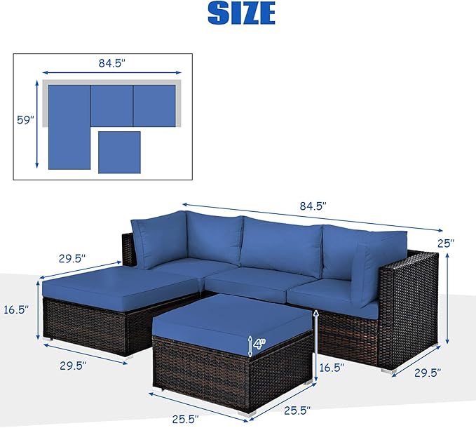 DORTALA 5 Pieces Patio Rattan Furniture Sets, Sectional Sofa Conversation Set w/Steel Frame & Sponge Cushions, Modern Wicker Combination Sofa Set w/Ottoman & Table for Garden Lawn Balcony, Navy