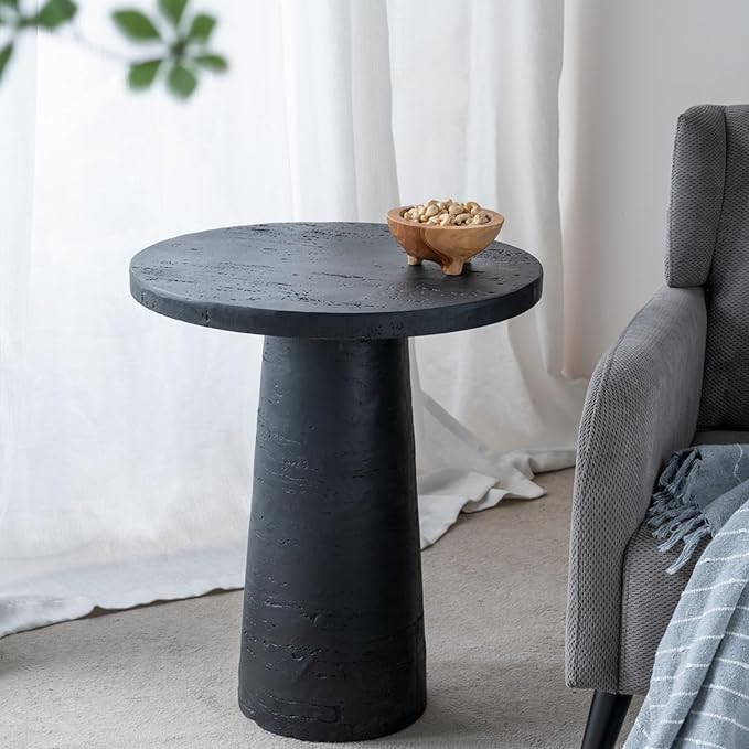 Faux Stone Side Table Round End Table Patio Small Drink Table for Small Spaces, Modern Circle Pedestal End Tables Nightstand for Living Room Bedroom Corners Office (Black)