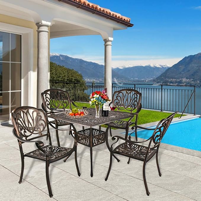 TITIMO 35.4" Outdoor Patio Bistro Dining Square Table Weather Resistant Cast Aluminum Conversation Table with 2.2" Umbrella Hole for Backyard, Garden, Poolside, Balcony(Retro)