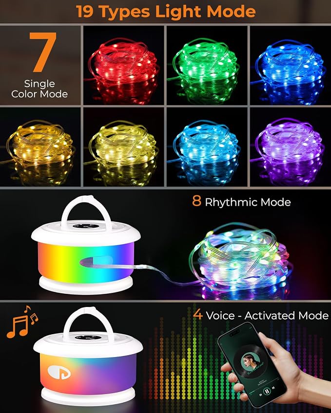 Camping String Lights, Retractable 32.8FT Rechargeable Fairy Light | Quick Storage RGB Flash Lamp Outdoor Waterproof, Portable Hanging Lantern for Outside Tent Patio Awning Garden RV Essentials