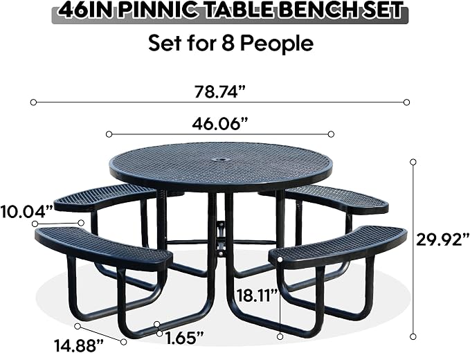 46 Inch Round Outdoor Metal Picnic Table, All-Weather Patio Dining Set for 6-8 Adults, Heavy Duty Steel with Central Umbrella Hole, Perfect for Garden, Backyard, Deck & Small Spaces - Easy Assembly