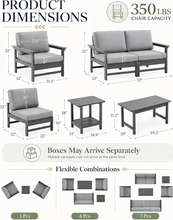 HDPE Outdoor Patio Furniture Set with Cushions, 9 Piece Patio Conversation Set Sofa Set,All Weather Outdoor Couch Set with Coffee Table for Lawn, Garden, Deck