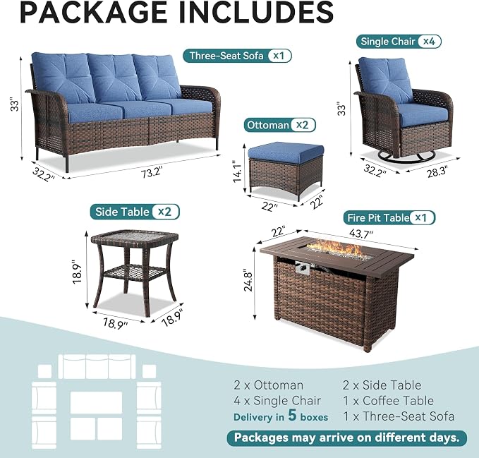 LazySunsets 12 Piece Outdoor Patio Furniture Set with 44'' Fire Pit Table, Wicker Rattan Outdoor Furniture with High Back Swivel Rocker Chairs, Outdoor Sofa Set with Thick Cushion & Ottoman, Navy Blue