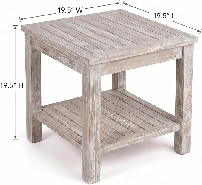 Hives & Honey Pavilion Outdoor Teak Side Table, Square 2-Tier Patio Table, Solid Grade-A Teak Wood for Deck, Porch, Balcony – Whitewash
