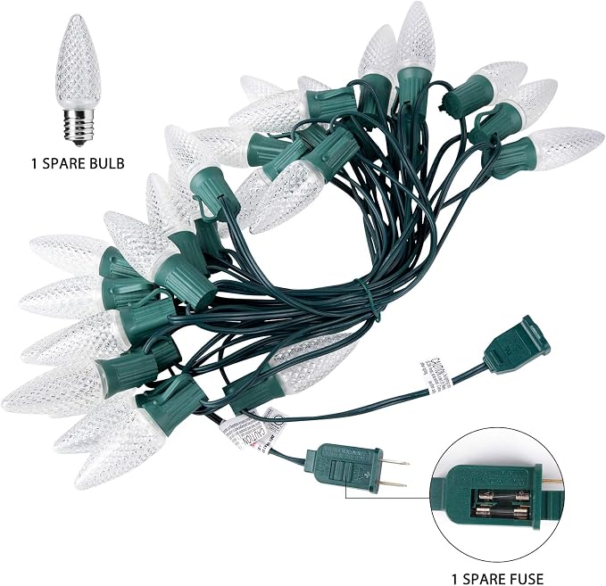 C9 Christmas String Lights Outdoor 50 Feet Led Christmas Lights, 50+2(Spare) Strawberry Bulbs Connectable UL Certified for Indoor Outdoor Roofline Patio Holiday Party Backyard Xmas Decor Pure White