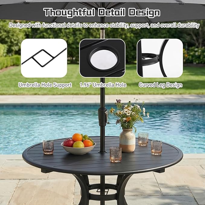 5 Piece Outdoor Patio Dining Set, 36’’ Round Dining Table with Umbrella Hole & 4pcs Metal Dining Chairs, Outdoor Furniture Dining Set for Patio, Balcony, Lawn, Garden, Backyard