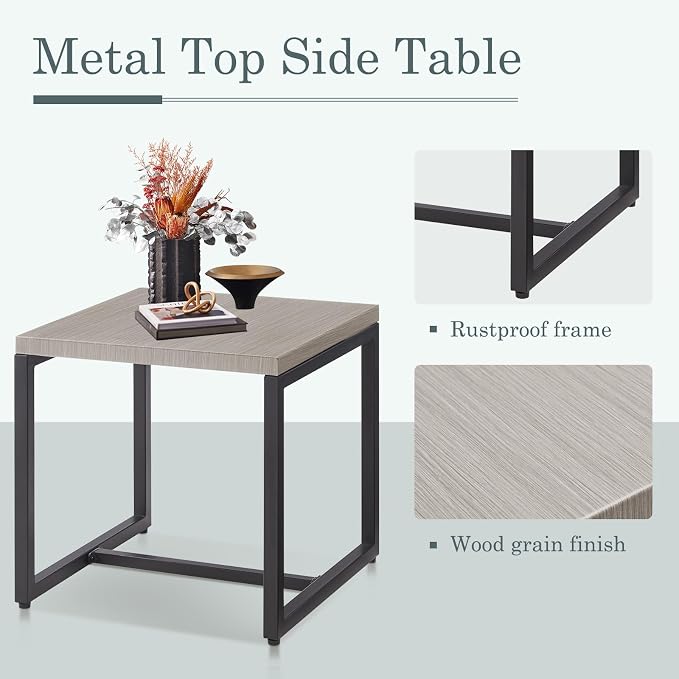 Belord Small Outdoor Side Table: 50 Lbs Weight Capacity Square Metal Patio Side Table with Anti-Rust Frame, Modern Outdoor End Table Furniture - Grey