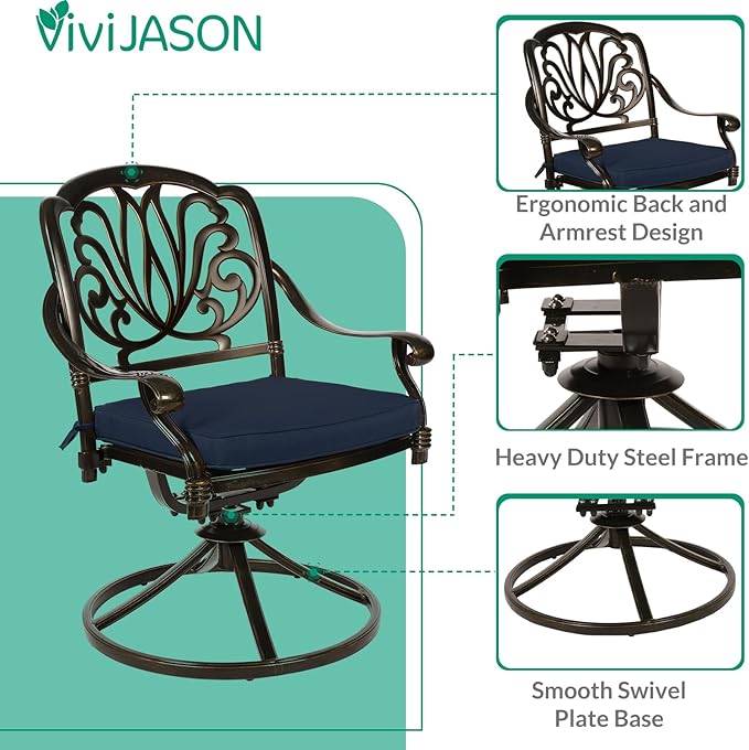 VIVIJASON 7-Piece Outdoor Furniture Dining Set, All-Weather Cast Aluminum Conversation Set Includes 6 Swivel Dining Chairs and a Rectangle Table with Umbrella Hole for Patio Garden, Navy Blue Cushion