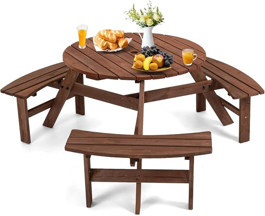 Zevemomo 6 Person Wood Picnic Table, Round Tabletop with Umbrella Hole, 3 Built-in Curved Benches, 1720LBS Total Capacity for Patios, Backyard, Brown