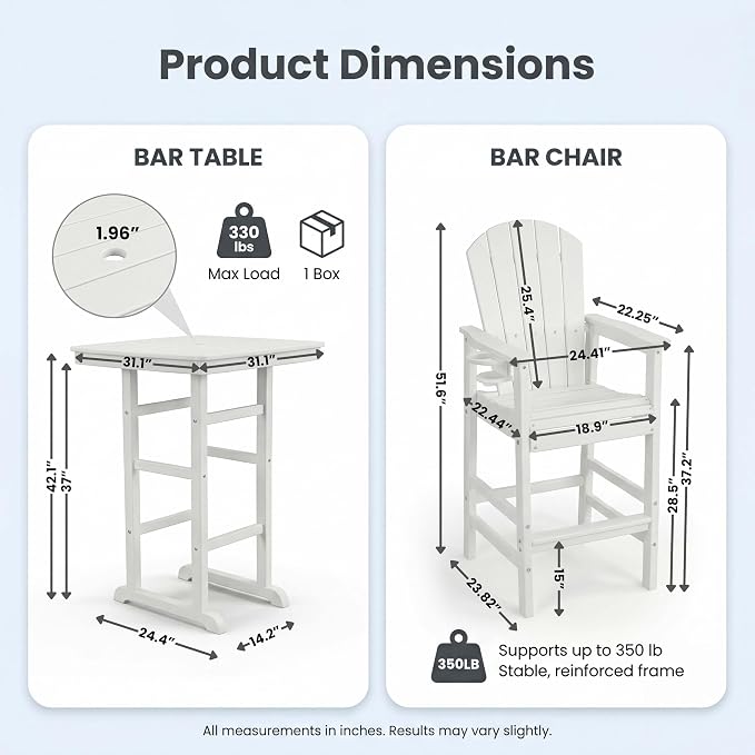 WILLIAMSPACE Height Patio Bar Table Set of 3, Outdoor Square Bar Table with Umbrella Hole, 2 Bar Stools with Cup Holders, 3-Piece All-Weather Outdoor Bistro Set for Kitchen Outside (White)