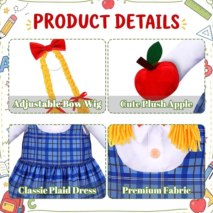 Celltestria Back to School Goose Outfits Porch Goose Costume with Apple Blue Grid Goose Clothes for 23" Geese School Outdoor Patio Yard Lawn Garden Art Decoration