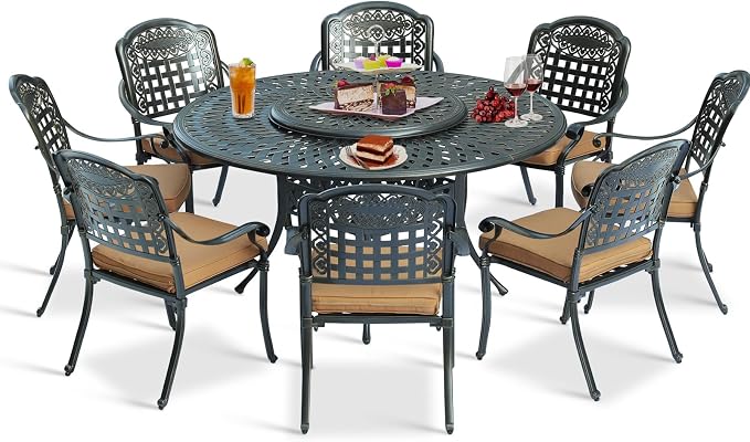 9-Piece Patio Cast Aluminum Dining Set, Outdoor Dining Furniture Set for 8 Person, Includes 8 Cushioned Chairs and 61" Large Round Dining Table with 31" Lazy Susan, Umbrella Hole, Tan