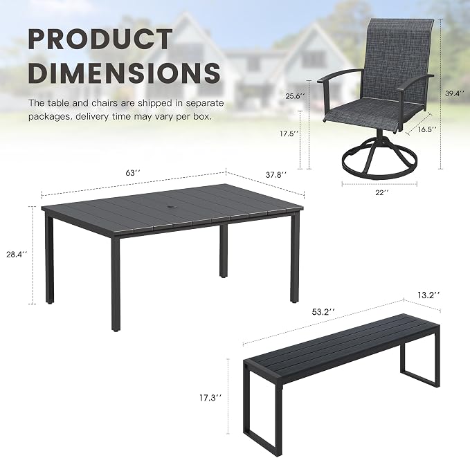 6 Pieces Patio Dining Set with Outdoor Bench, 63" Rectangular Patio Dining Table and Swivel Chairs for 6-7 People, Outdoor Furniture Set for Garden Deck, Black