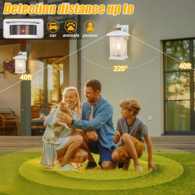 Brilvibera Dawn to Dusk Motion Sensor Exterior Wall Light Fixtures | Exterior Wall Mount with E26 Sockets & Tempered Glass, Waterproof Outdoor & Indoor Lights for House, Porch, Garage, White
