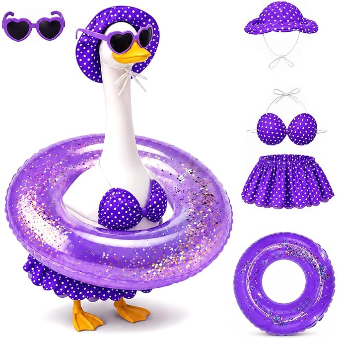 Hawaiian Porch Goose Outfits with Hat Sunglasses & Swim Ring, Summer Bikini Goose Outfit Clothes Costume Fits 23" Cement Geese Statue, Summer Garden Lawn Patio Yard Outdoor Decor (Summer style-Purple)