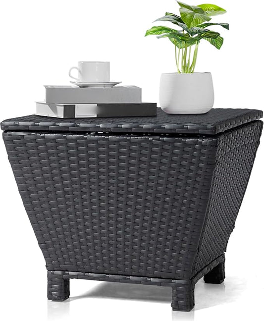 Outdoor PE Wicker Side Table with Storage, 13 Gallon Patio Storage Bin Container for Hose Cushion Towel, Rattan End Table for Backyard Garden Deck, 112 lbs Capacity, Black