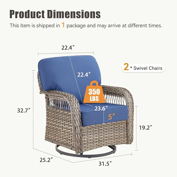 Wicker Swivel Rocker Patio Chairs, Patio Wicker Chairs Swivel Rocker Set of 2 All Weather Glider Rocking Chair Outdoor Conversation Furniture Set for Deck Porch Sunroom Backyard, Blue