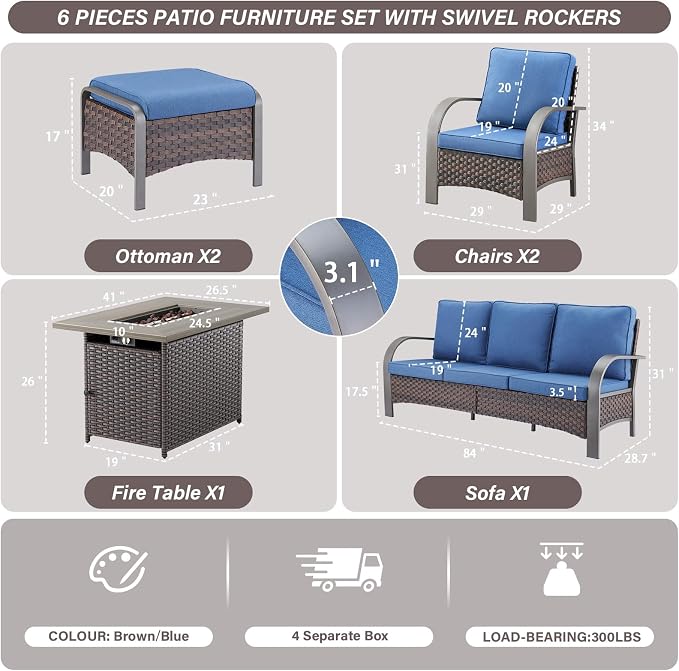 Belord 6 Pieces Patio Furniture Set with Fire Pit Table - 50000 BTU Propane Fire Pit, 2 Single Leisure Chairs, High Back Wicker Rattan Couch, Outdoor Conversation Set for Casual Gathering