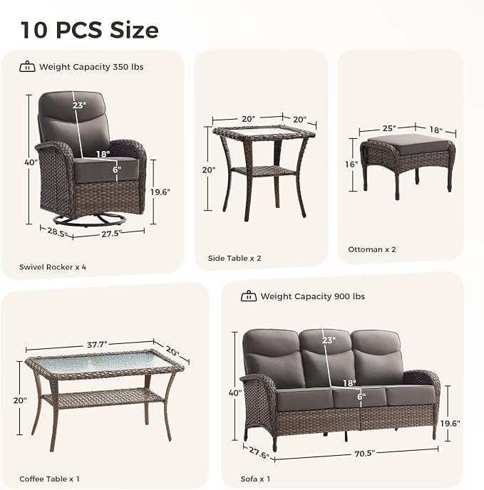 Luxury Patio Furniture Set with 6-inch Thick Cushions, Outdoor Furniture Set with High Back Swivel Chairs, 10 PCS Wicker Outdoor Conversation Set for Porch, Patio, Yard, Deck, Poolside, Brown/Grey