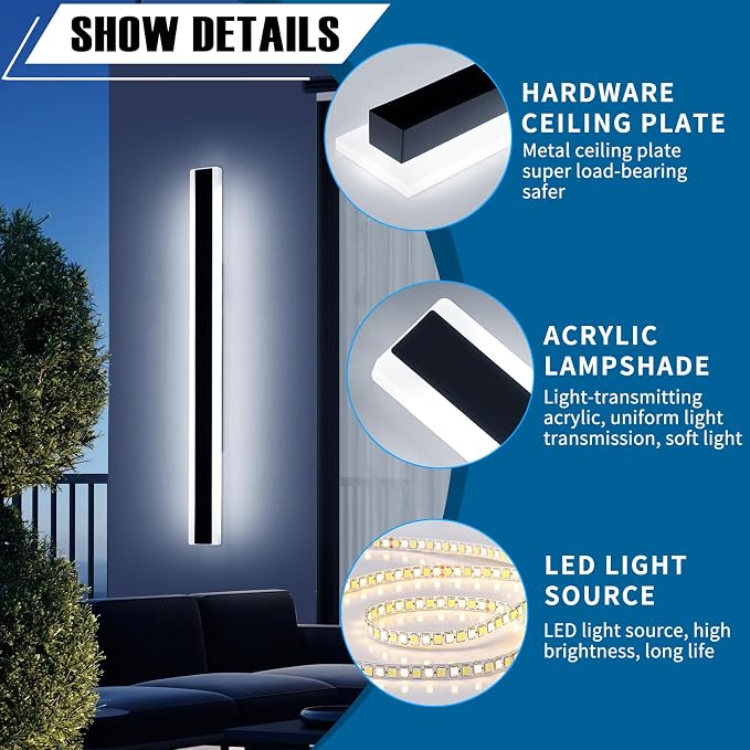 Long Outdoor Wall Light Fixture, 47.2inch Garage Modern Wall Sconce, 6000K Cold White, IP65 Waterproof, White Acrylic, 42W, Minimalist House Exterior Lighting for Patio, Porch, Garden, Fence