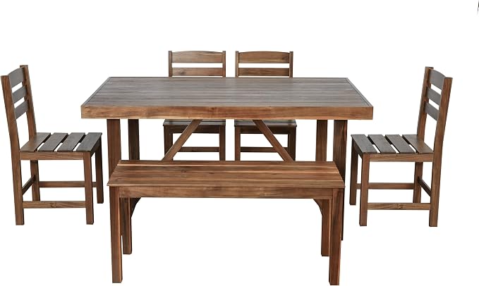 6 Person Outdoor Acacia Wood Dining Table Set, All Weather 6 Pieces Conversation Set, 60'' Rectangle Dining Table with 4 Chairs and Bench for Patio Backyard Garden Poolside Balcony (Brown-26)