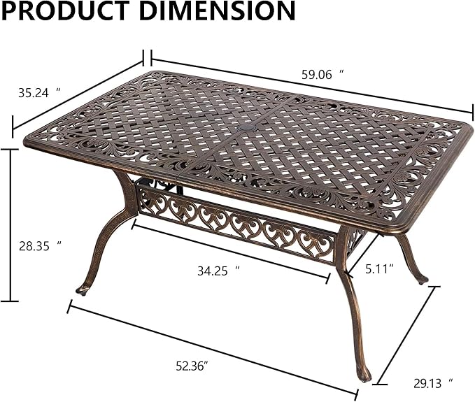 TITIMO 60" Outdoor Patio Bistro Rectangular Dining Table with 2" Umbrella Hole