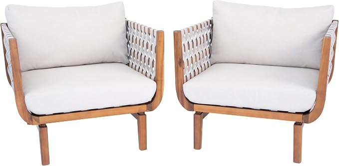 Merax Outdoor Acacia Wood Armchair wtih Cushions Set of 2, Teak+ Beige | Patio Sofa Chair with Hand-Woven Rope, Sturdy Base for Porch, Lawn, Backyard, Balcony, Easy Assemble,