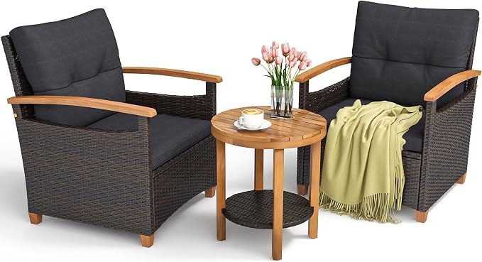 YITAHOME Wooden Armrest 3-Piece Patio Bistro Set, Wicker Bistro Set with Soft Cushions Comfort for Backyard, Balcony and Deck, Wooden Armrest and Side Table, Brown+Charcoal Gray