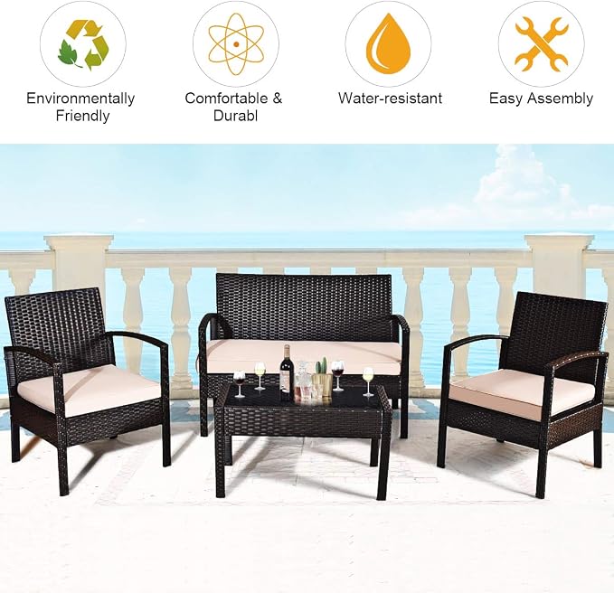 DORTALA 4 Piece Wicker Patio Furniture Set, Outdoor PE Rattan Conversation Set with Loveseat, Chairs & Coffee Table for Backyard Porch Garden Poolside Balcony