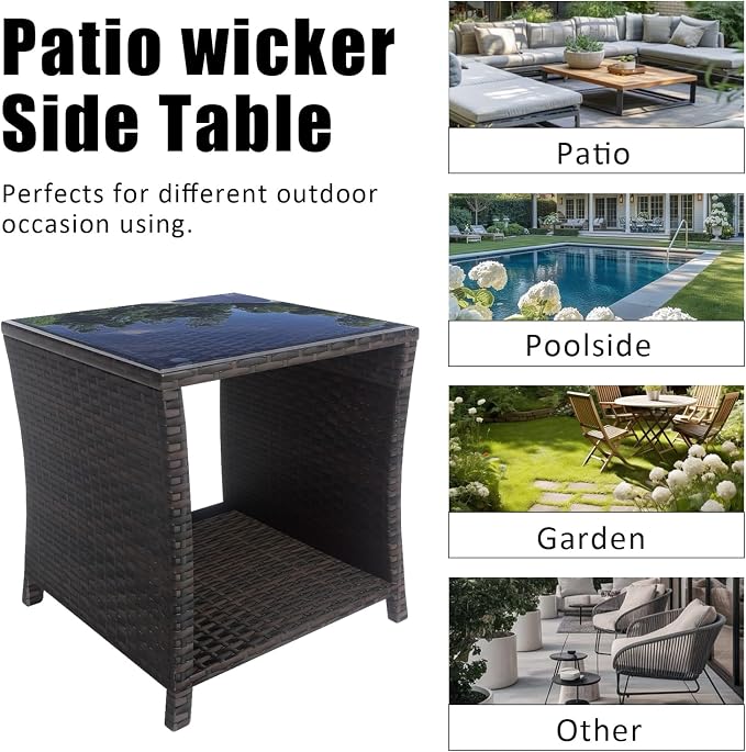 Rattan Side Table,Outdoor Patio Wicker Table,Modern Patio End Side Table with Glass Countertop and Storage Space,for Garden Balcony Porch (Brown3)