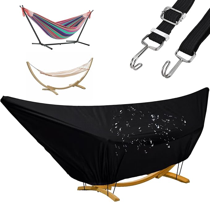 Waterproof Hammock Cover for 10-15FT Hammock Stand,Outdoor Hammocks Covers with Zip and Elastic Ropes,Windproof Hammocks Cover for Outside,420D Heavy Duty Oxford (Black,9-10foot)